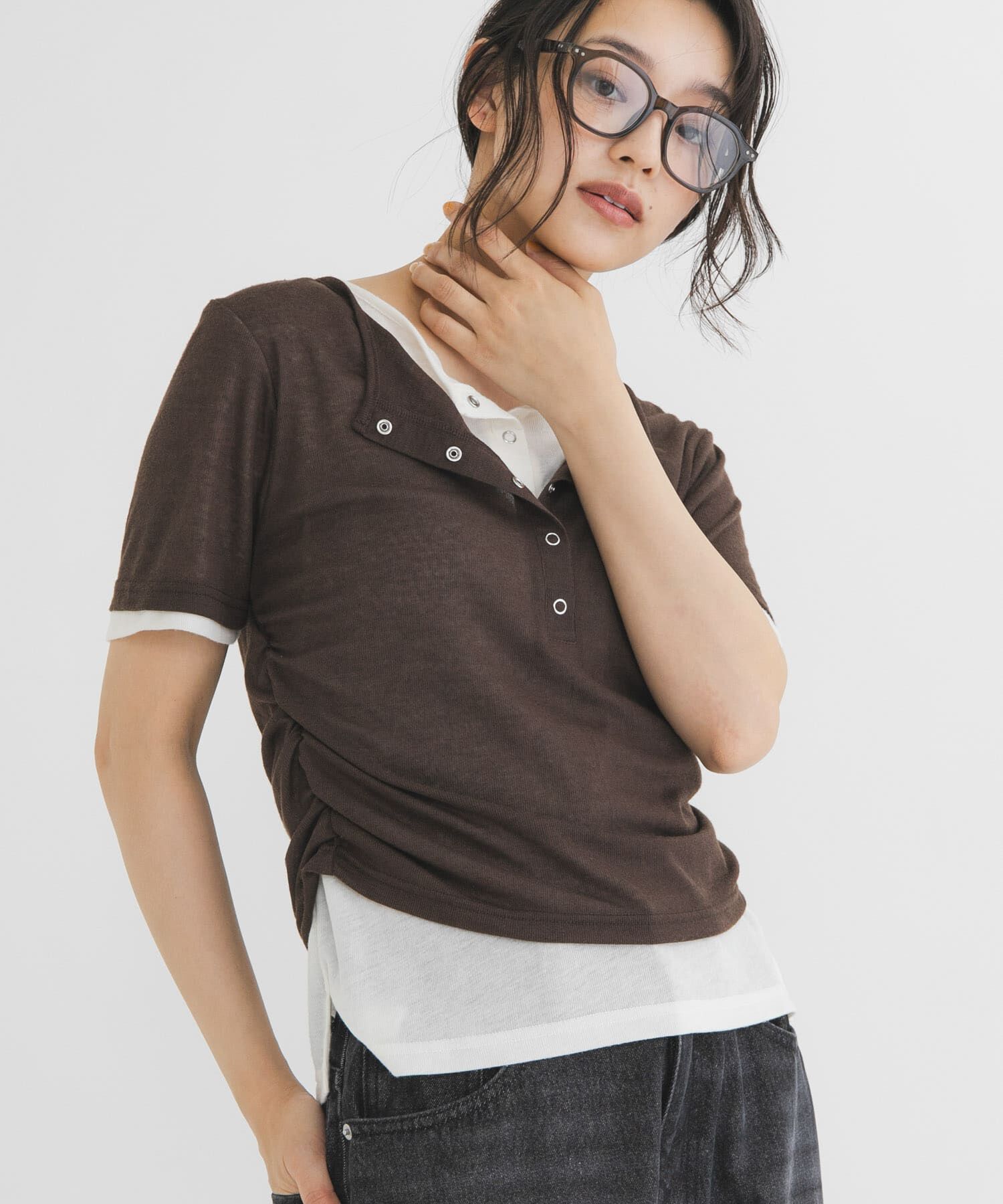  「バイカラーヘンリーネックTEE」|Tシャツ・カットソー|ブラウン