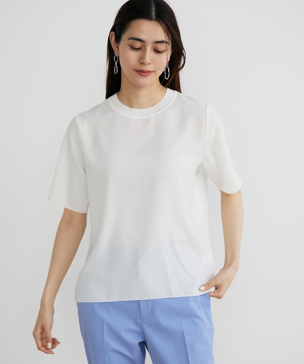 INED「《大きいサイズ》ニットリブクルーネックTブラウス」|Tシャツ・カットソー|