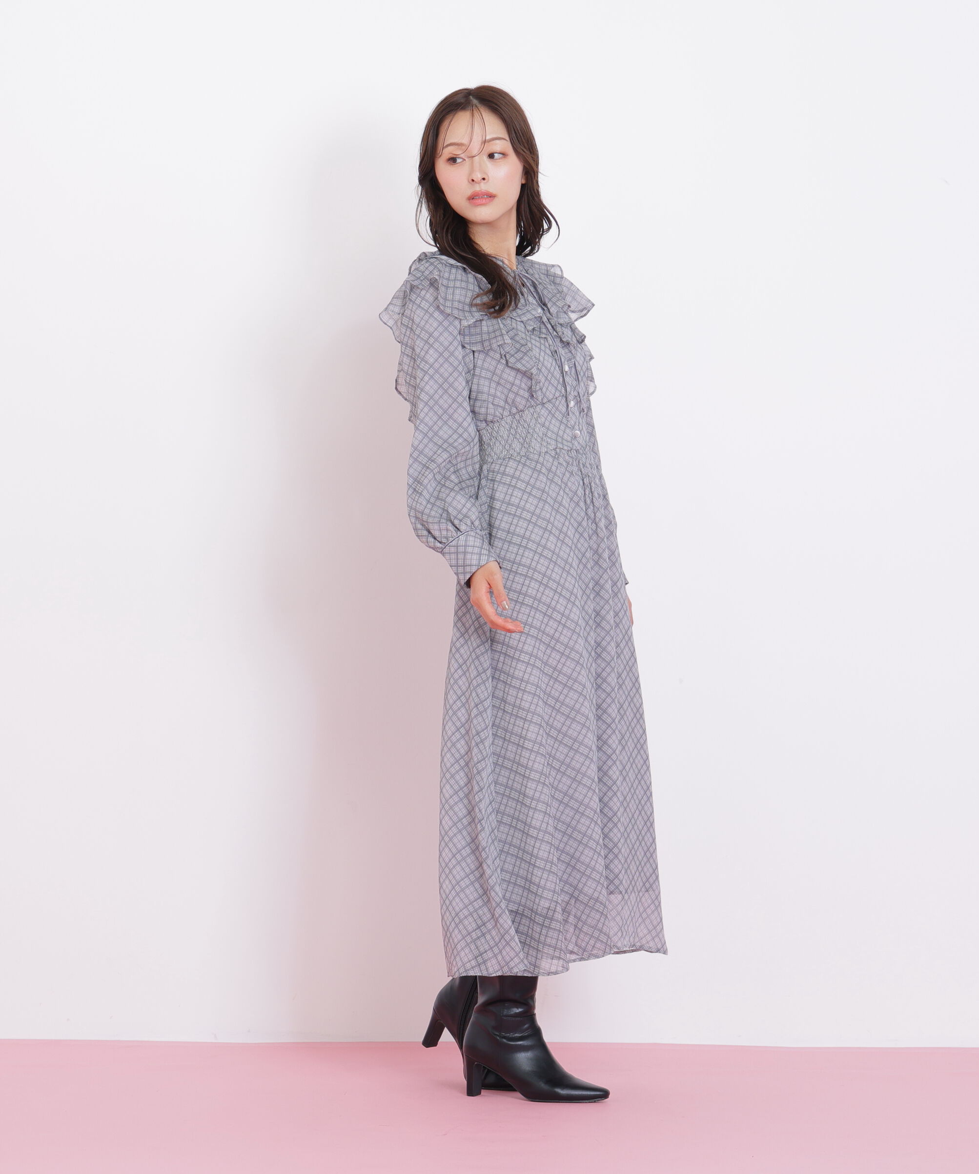  「ベロア配色チェックラッフルワンピース」|ワンピース|