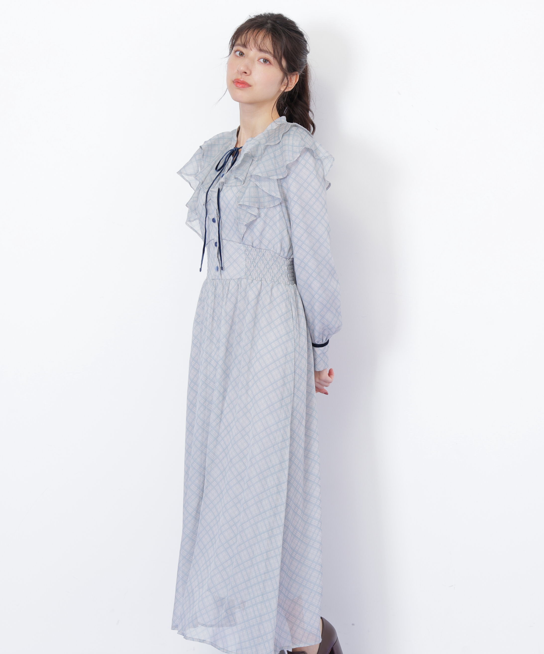  「ベロア配色チェックラッフルワンピース」|ワンピース|グリーン1