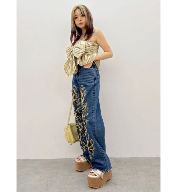EVRIS「エンブロイダリーカッティングワイドデニムパンツ」|デニム|