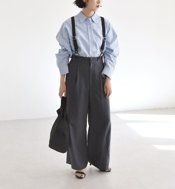quaranciel「quaranciel:〈洗濯機可能〉チェック サスペンダー付 タック ワイド パンツ」|スラックス|ネイビー