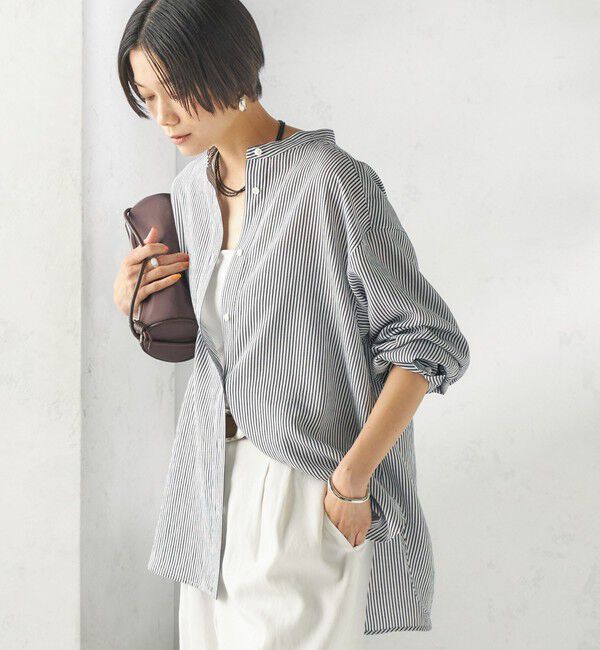 SHIPS for women「〈手洗い可能〉シアー ストライプ バンドカラー シャツ」|シャツ・ブラウス|ネイビー