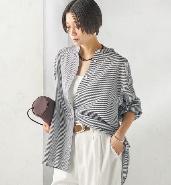 SHIPS for women「〈手洗い可能〉シアー ストライプ バンドカラー シャツ」|シャツ・ブラウス|