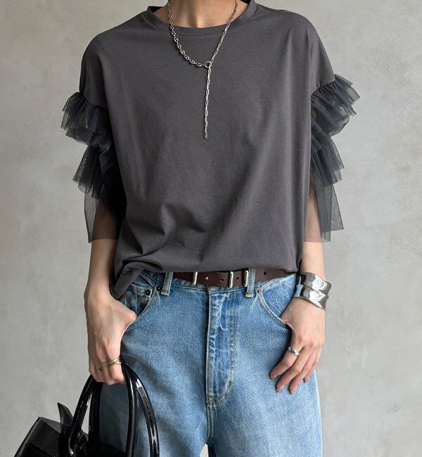 「【WEB限定】チュールフリルスリーブTEE」|Tシャツ・カットソー|チャコールグレー
