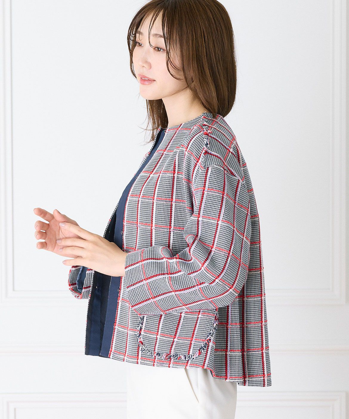 INED「ノーカラーツイードジャケット《LINTON》」|ノーカラージャケット|