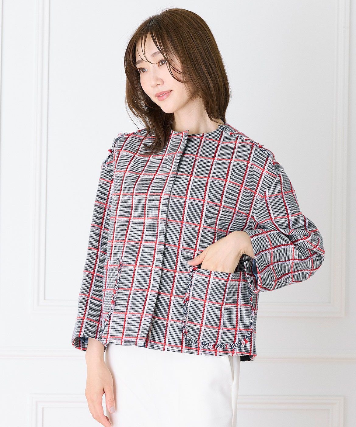 INED「ノーカラーツイードジャケット《LINTON》」|ノーカラージャケット|