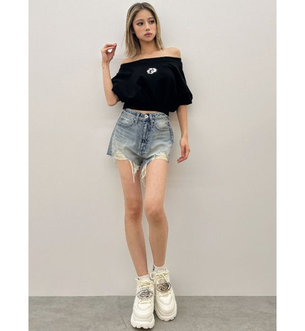 GYDA「ハイウエストJUBEYO bijouデニムショートパンツ」|デニム|