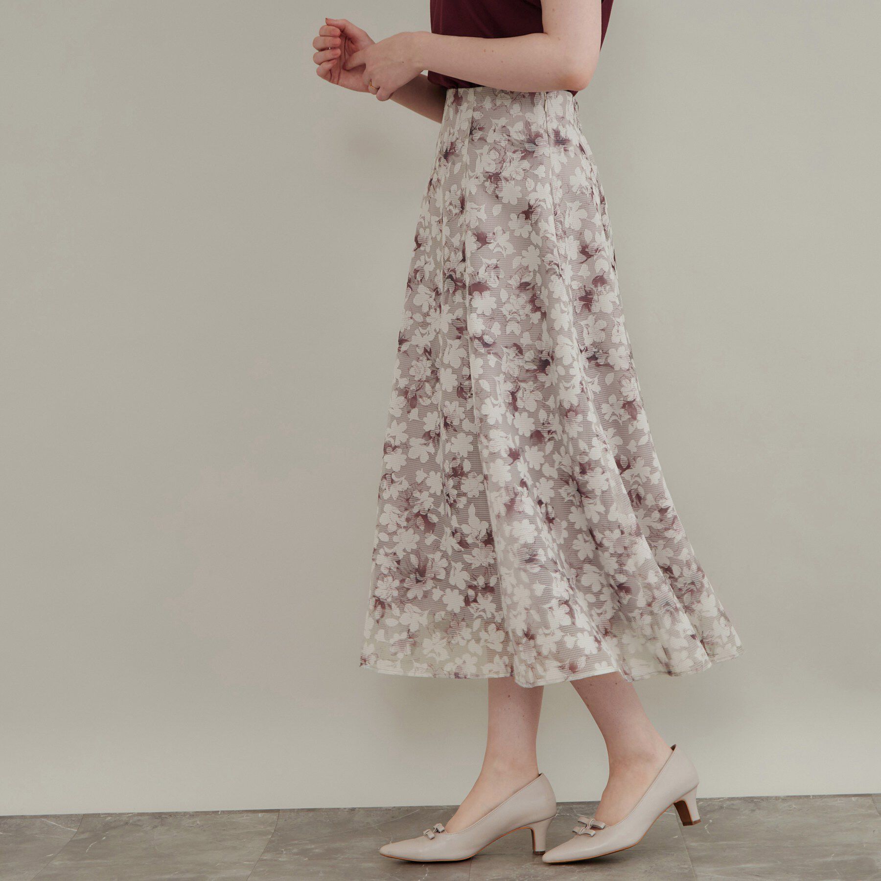 Couture broach「上品な透け感 オパールチェック花柄スカート【洗濯機可】」|スカート|