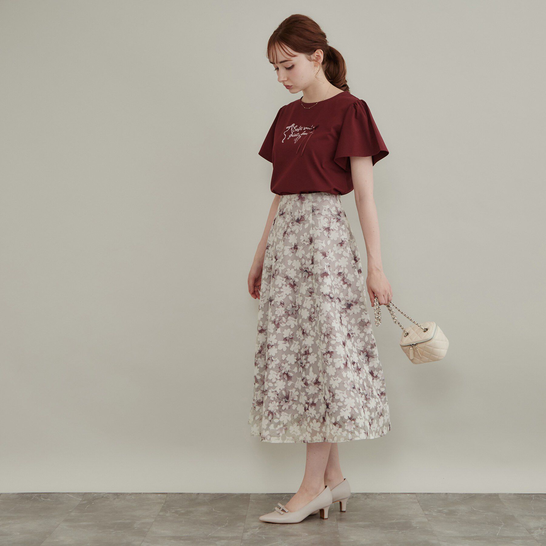 Couture broach「上品な透け感 オパールチェック花柄スカート【洗濯機可】」|スカート|