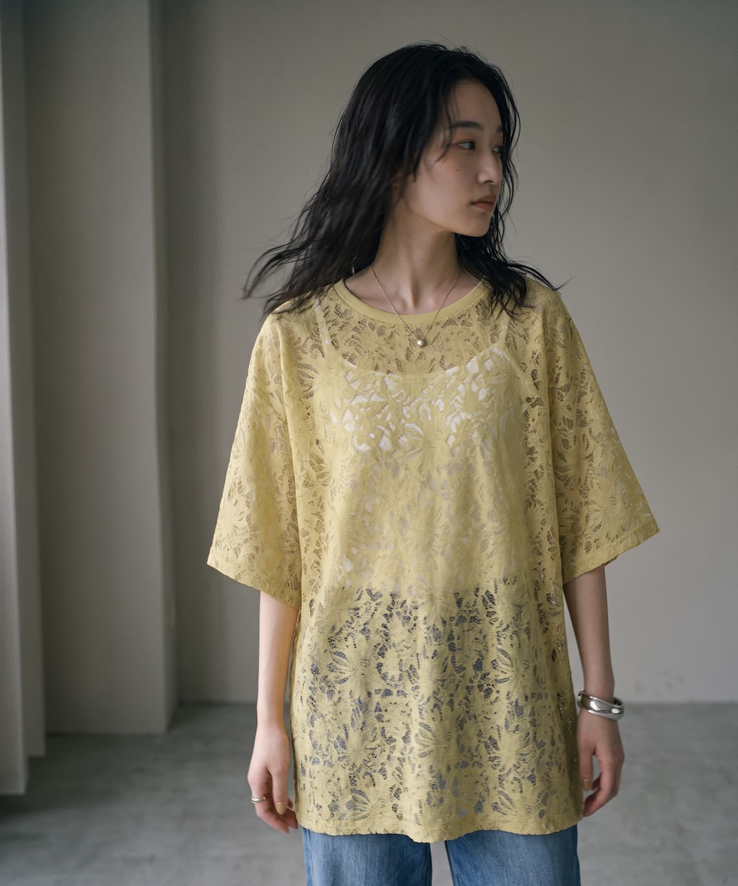 STYLE DELI「【BLK001】シアーレースTシャツ」|Tシャツ・カットソー|イエロー
