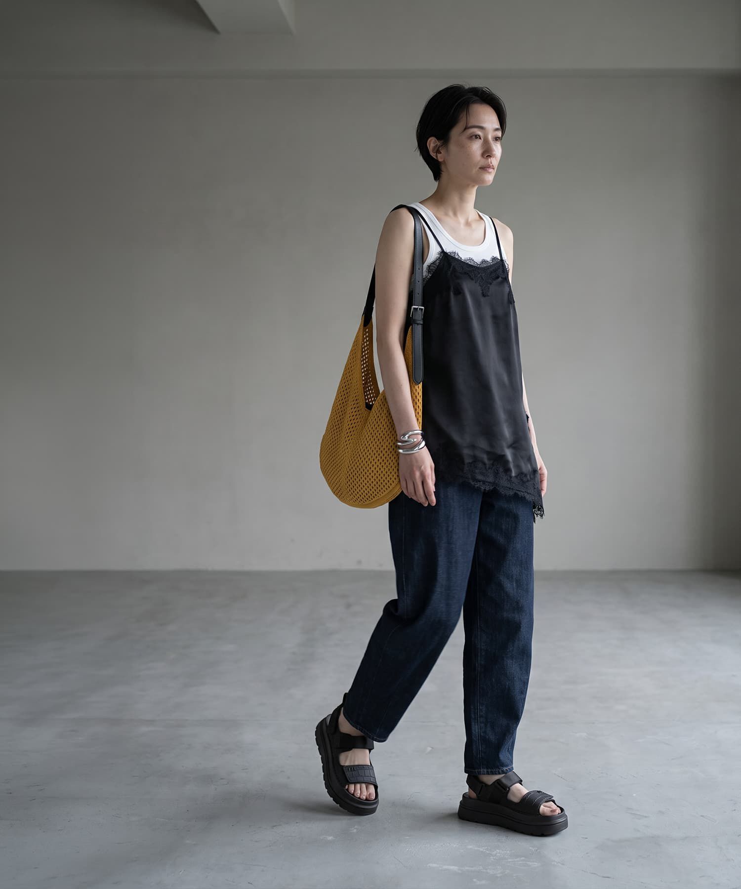 STYLE DELI「【BLK001】サテンレースアシメキャミソール」|キャミソール|