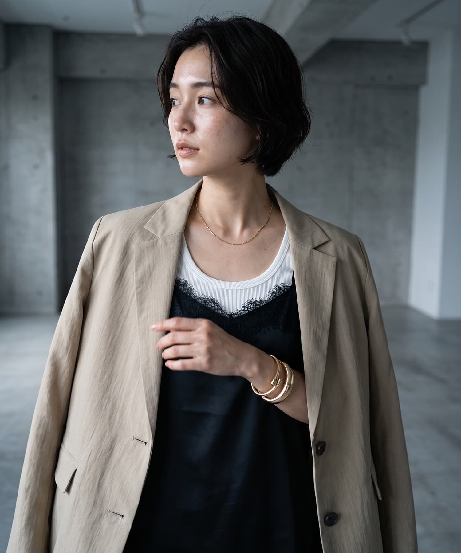 STYLE DELI「【BLK001】サテンレースアシメキャミソール」|キャミソール|
