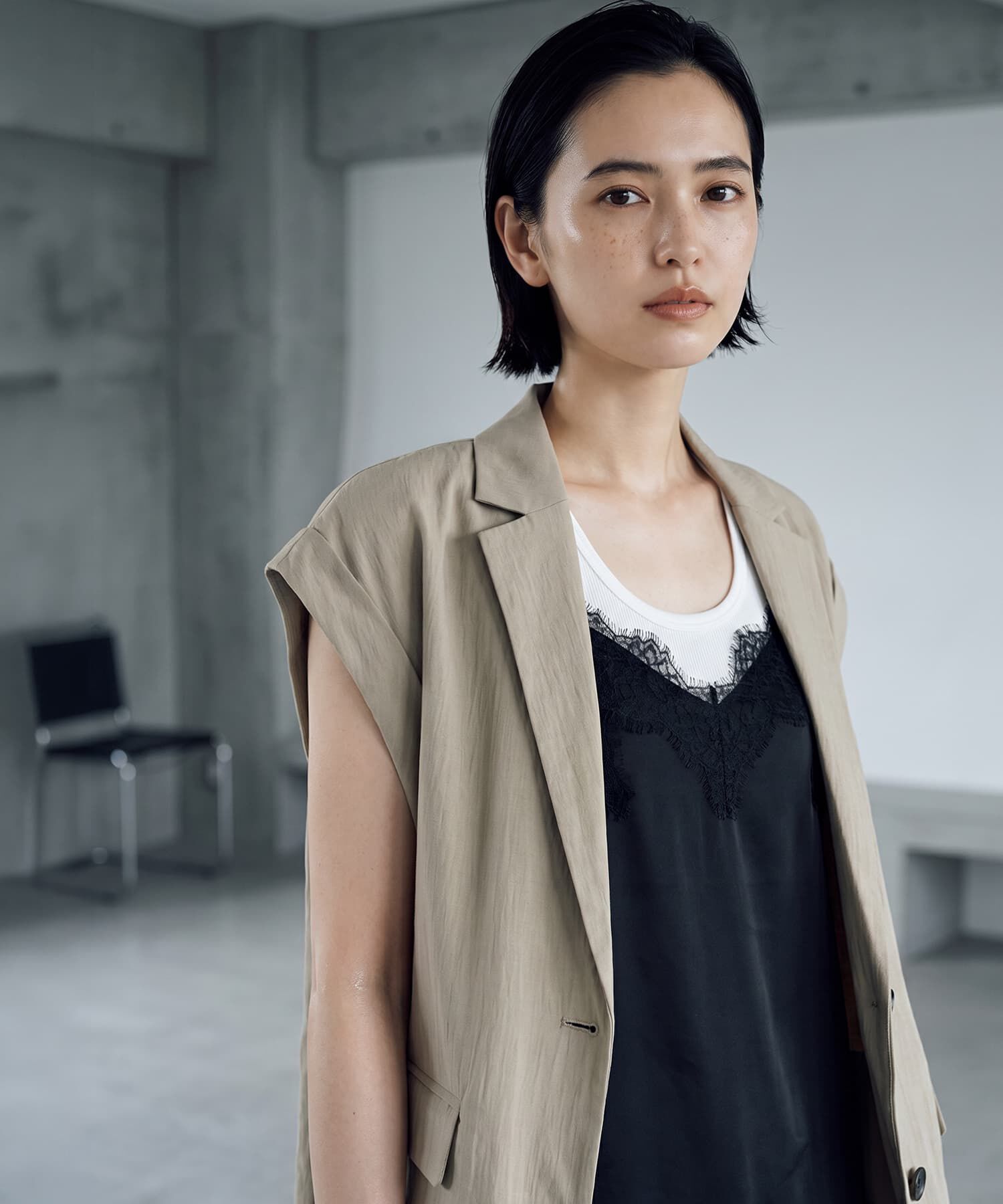 STYLE DELI「【BLK001】サテンレースアシメキャミソール」|キャミソール|