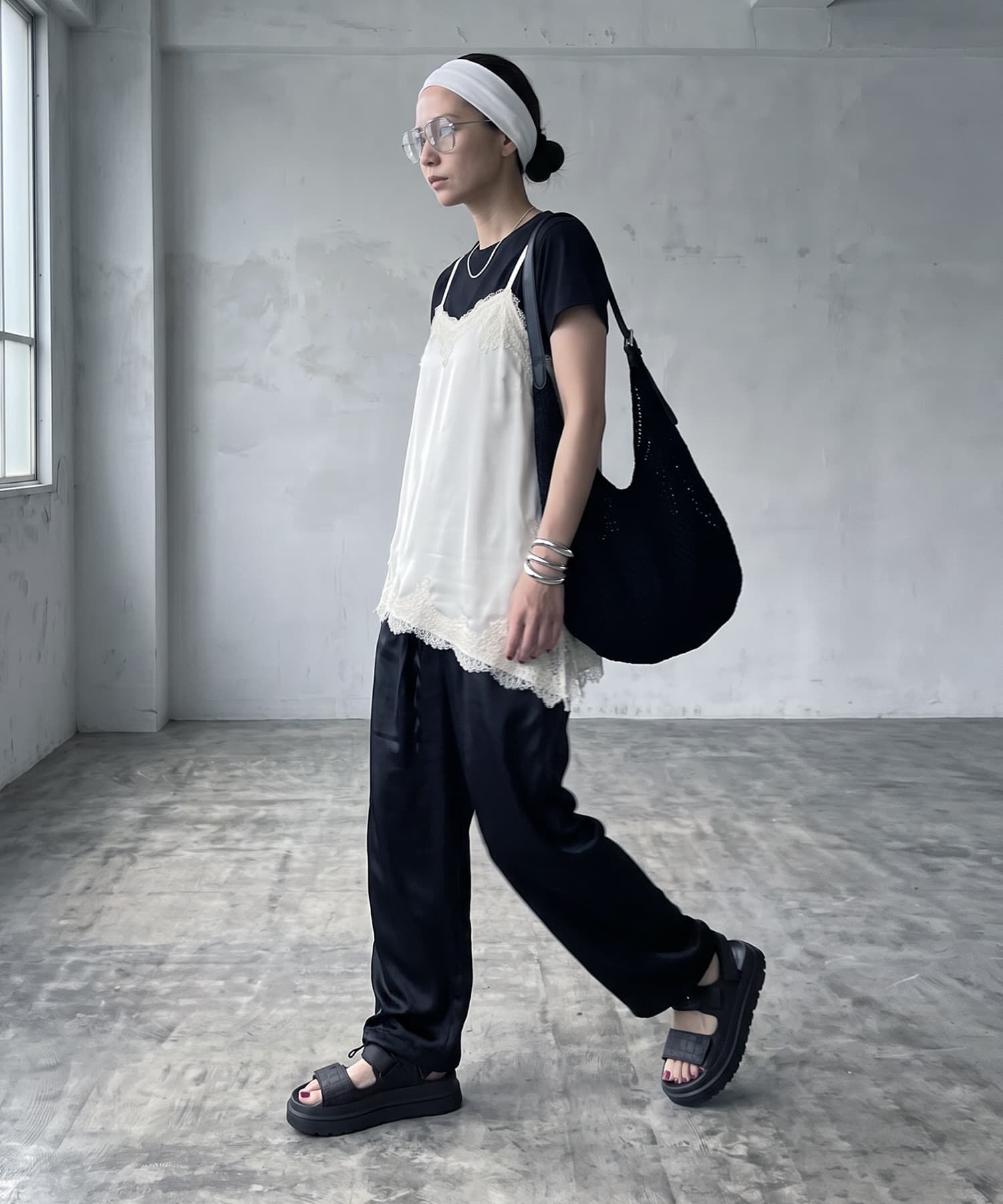 STYLE DELI「【BLK001】サテンレースアシメキャミソール」|キャミソール|