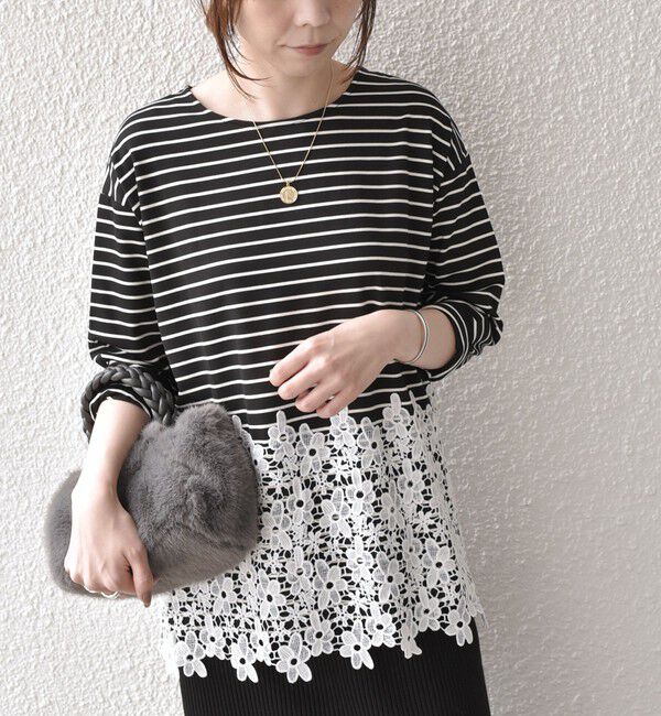 SHIPS Colors 「《予約》【WEB限定】SHIPS Colors:ポンチ レース コンビ トップス（ボーダー）2◆」|Tシャツ・カットソー|