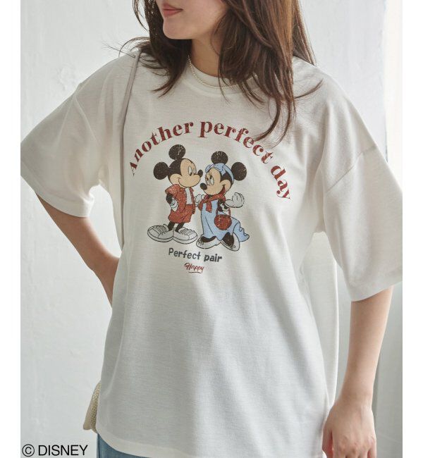 VENCE share style「梨地 ミッキーマウス＆ミニーマウス プリントTシャツ」|Tシャツ・カットソー|オフホワイト