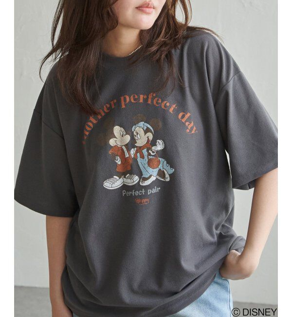VENCE share style「梨地 ミッキーマウス＆ミニーマウス プリントTシャツ」|Tシャツ・カットソー|ダークグレー