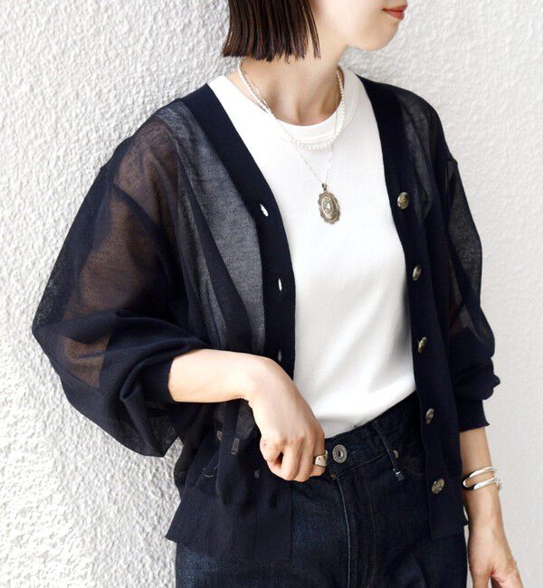 SHIPS for women「〈手洗い可能〉麻混 シアー Vネック カーディガン」|カーディガン|ネイビー