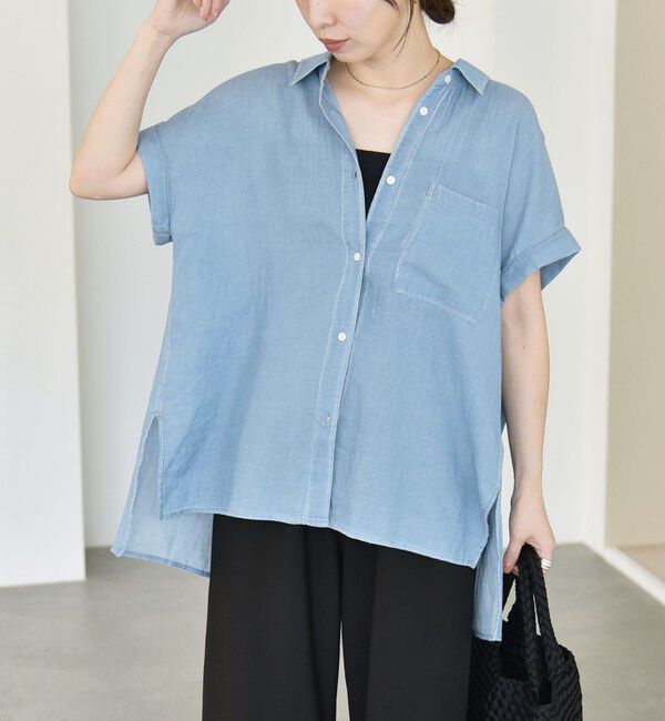quaranciel「quaranciel:〈手洗い可能〉シアー デニム フレンチスリーブ レギュラー シャツ」|シャツ・ブラウス|