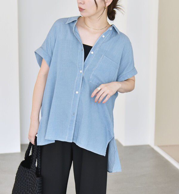 quaranciel「quaranciel:〈手洗い可能〉シアー デニム フレンチスリーブ レギュラー シャツ」|シャツ・ブラウス|