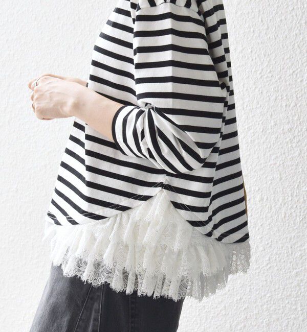 SHIPS any「《予約》SHIPS any:〈洗濯機可能〉レース ヘム アシンメトリー ロングスリーブ TEE」|Tシャツ・カットソー|