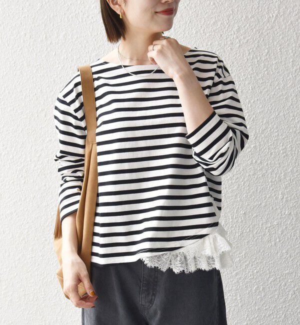SHIPS any「《予約》SHIPS any:〈洗濯機可能〉レース ヘム アシンメトリー ロングスリーブ TEE」|Tシャツ・カットソー|