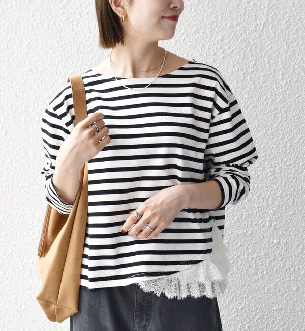 SHIPS any「《予約》SHIPS any:〈洗濯機可能〉レース ヘム アシンメトリー ロングスリーブ TEE」|Tシャツ・カットソー|