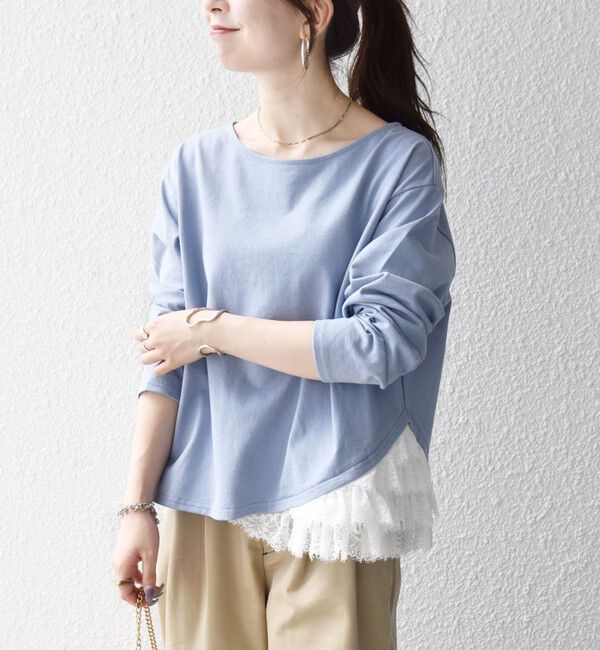 SHIPS any「《予約》SHIPS any:〈洗濯機可能〉レース ヘム アシンメトリー ロングスリーブ TEE」|Tシャツ・カットソー|