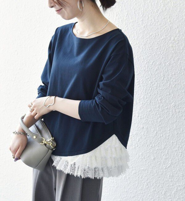 SHIPS any「《予約》SHIPS any:〈洗濯機可能〉レース ヘム アシンメトリー ロングスリーブ TEE」|Tシャツ・カットソー|ネイビー
