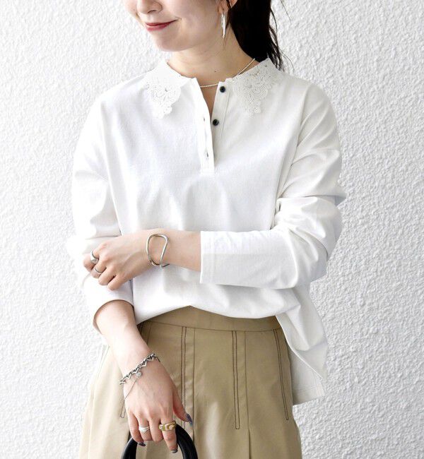 SHIPS any「《予約》SHIPS any:〈洗濯機可能〉レース カラー ロングスリーブ ポロ プルオーバー」|Tシャツ・カットソー|オフホワイト