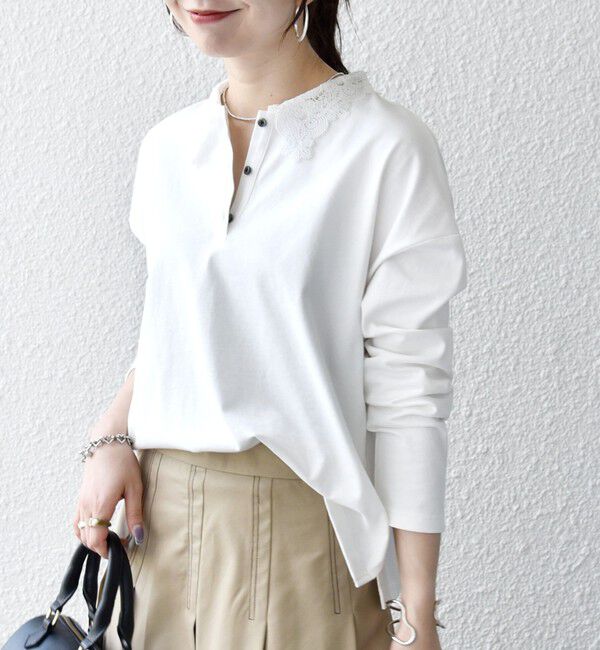 SHIPS any「《予約》SHIPS any:〈洗濯機可能〉レース カラー ロングスリーブ ポロ プルオーバー」|Tシャツ・カットソー|