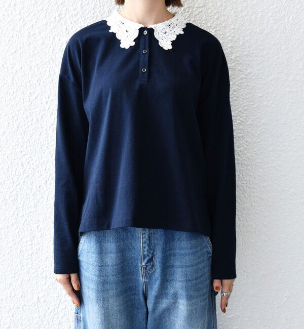 SHIPS any「《予約》SHIPS any:〈洗濯機可能〉レース カラー ロングスリーブ ポロ プルオーバー」|Tシャツ・カットソー|