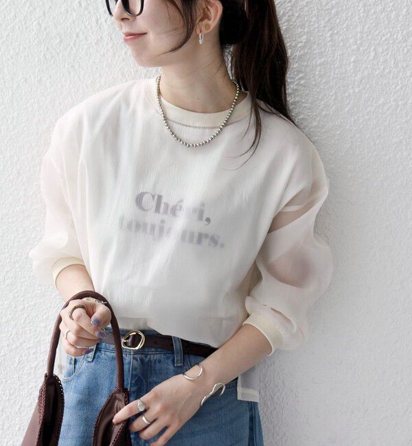 SHIPS any「《予約》SHIPS any:〈手洗い可能〉シアー ワイド トップス  &times; フレンチ ロゴ TEE」|シャツ・ブラウス|ナチュラル