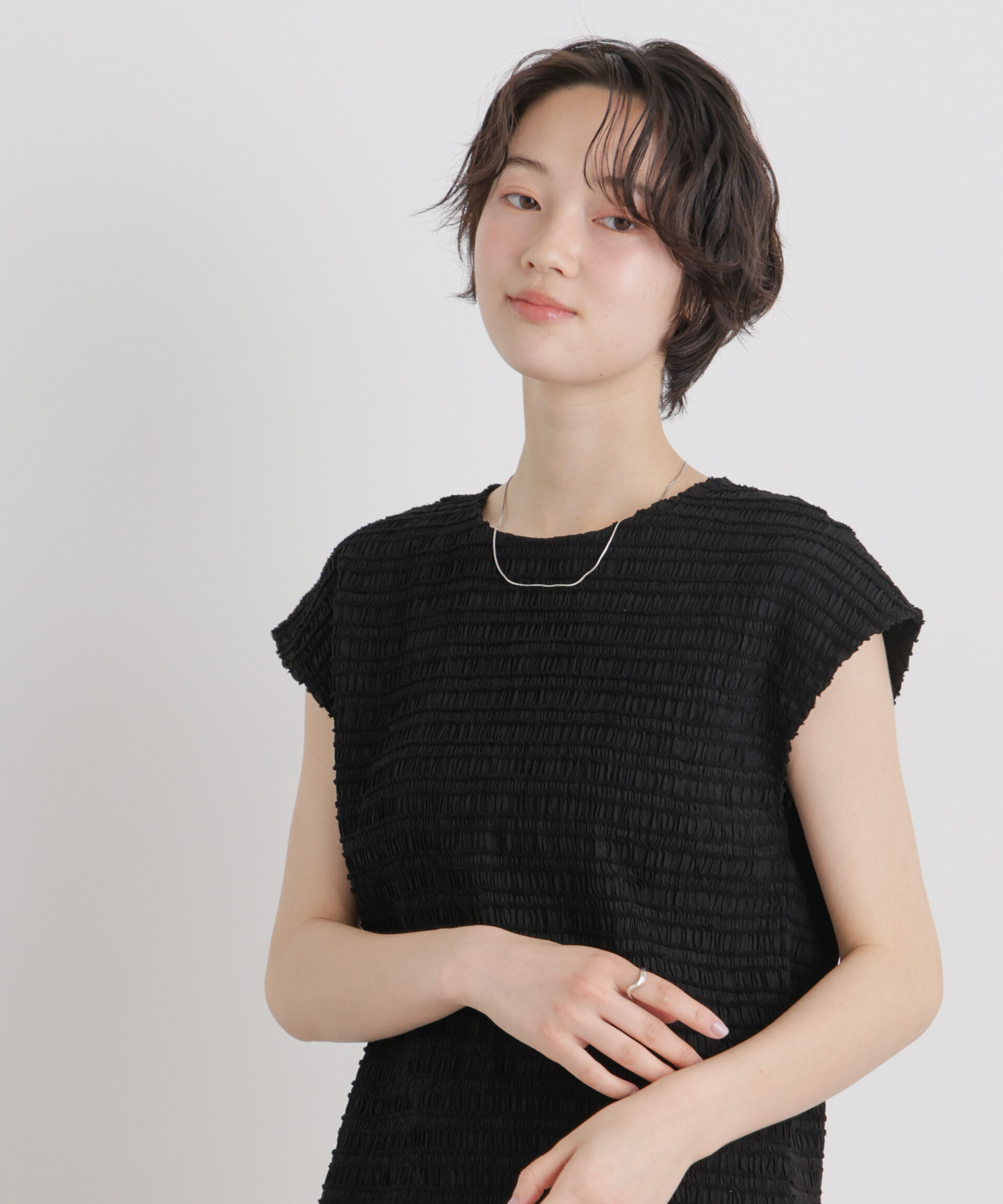 nano･universe「カットジャガードフレンチスリーブトップス(セットアップ可)」|Tシャツ・カットソー|ブラック
