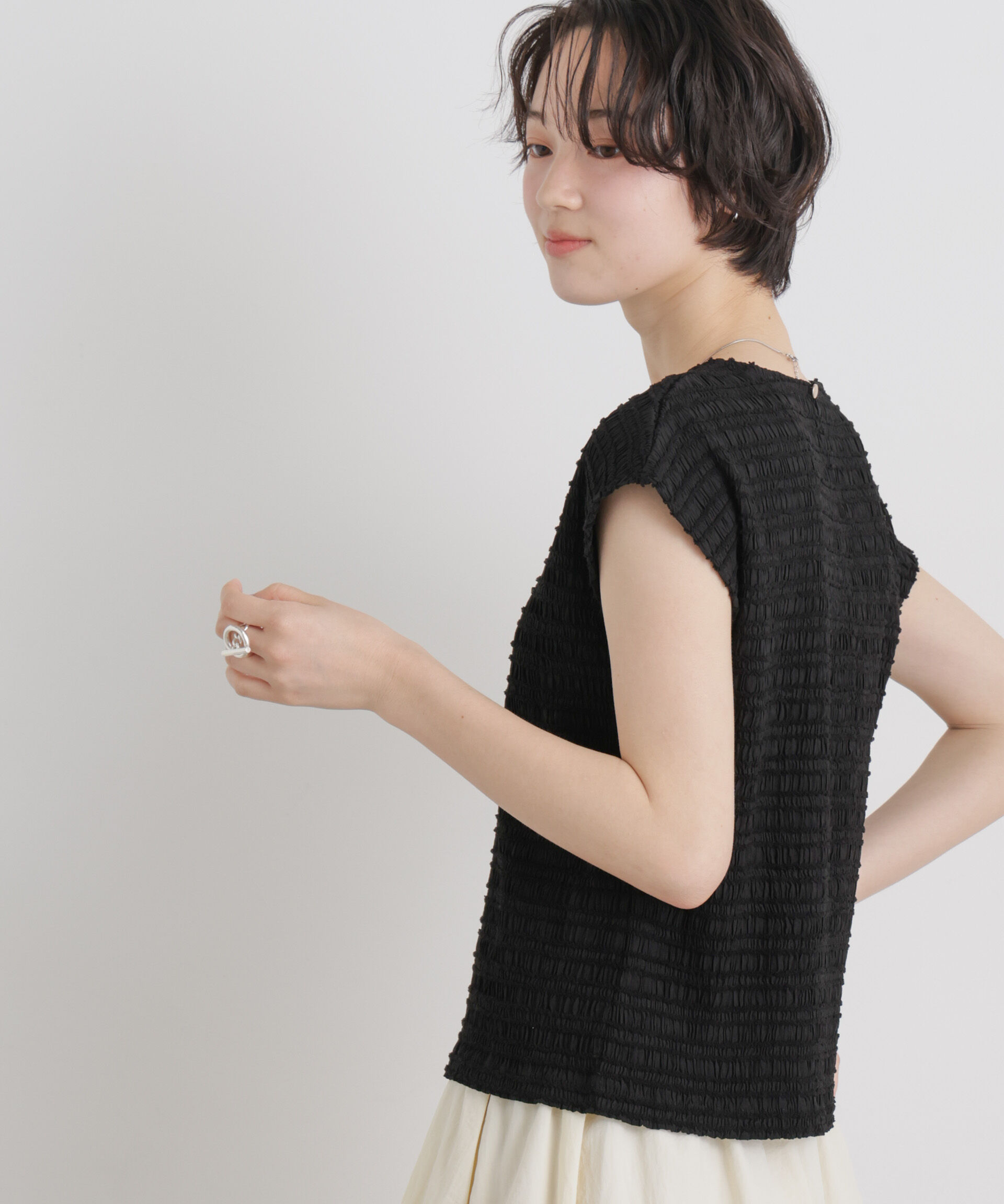nano･universe「カットジャガードフレンチスリーブトップス(セットアップ可)」|Tシャツ・カットソー|