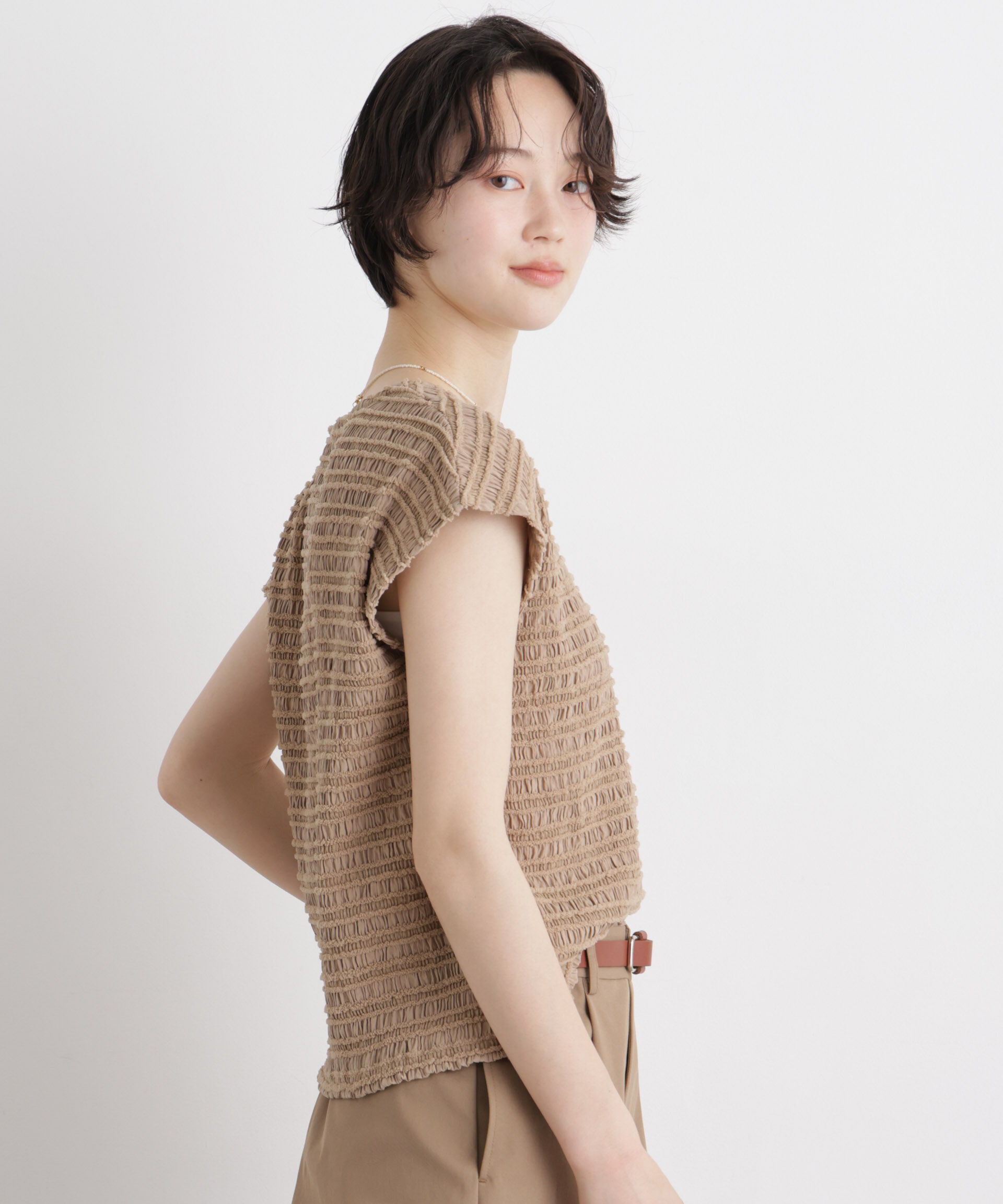nano･universe「カットジャガードフレンチスリーブトップス(セットアップ可)」|Tシャツ・カットソー|