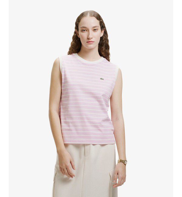 LACOSTE「ノースリーブボーダーTシャツ」|Tシャツ・カットソー|ピンク