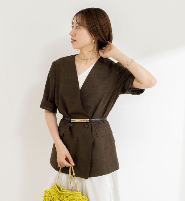 NOLLEY'S「ウォッシャブルトリアセ混ノーカラー半袖ジャケット」|ノーカラージャケット|