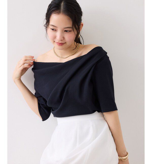 VIS「【夏トク価格】ドット＆無地テレコリブハーフスリーブドレーププルオーバー」|Tシャツ・カットソー|