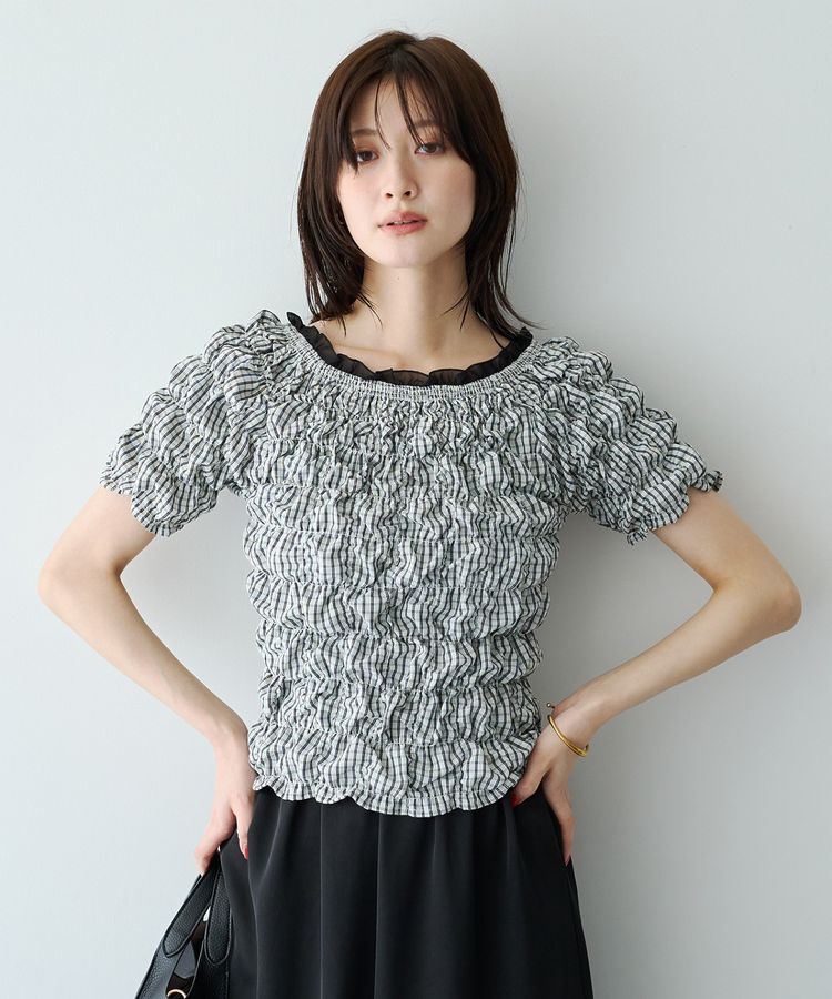 YECCA VECCA「【2way着用可能】チェック柄シャーリングブラウス」|シャツ・ブラウス|