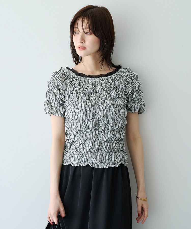 YECCA VECCA「【2way着用可能】チェック柄シャーリングブラウス」|シャツ・ブラウス|