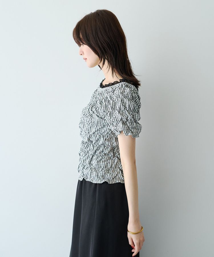 YECCA VECCA「【2way着用可能】チェック柄シャーリングブラウス」|シャツ・ブラウス|