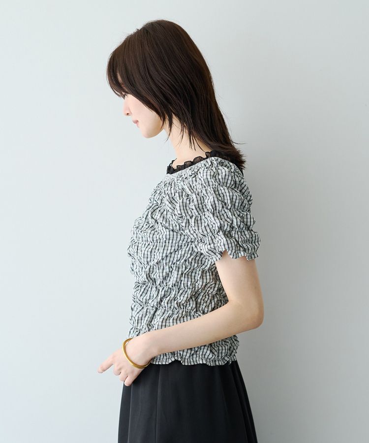 YECCA VECCA「【2way着用可能】チェック柄シャーリングブラウス」|シャツ・ブラウス|