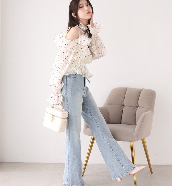  「【選べる4サイズ】サイドカットレース美脚ビジューデニム」|その他|