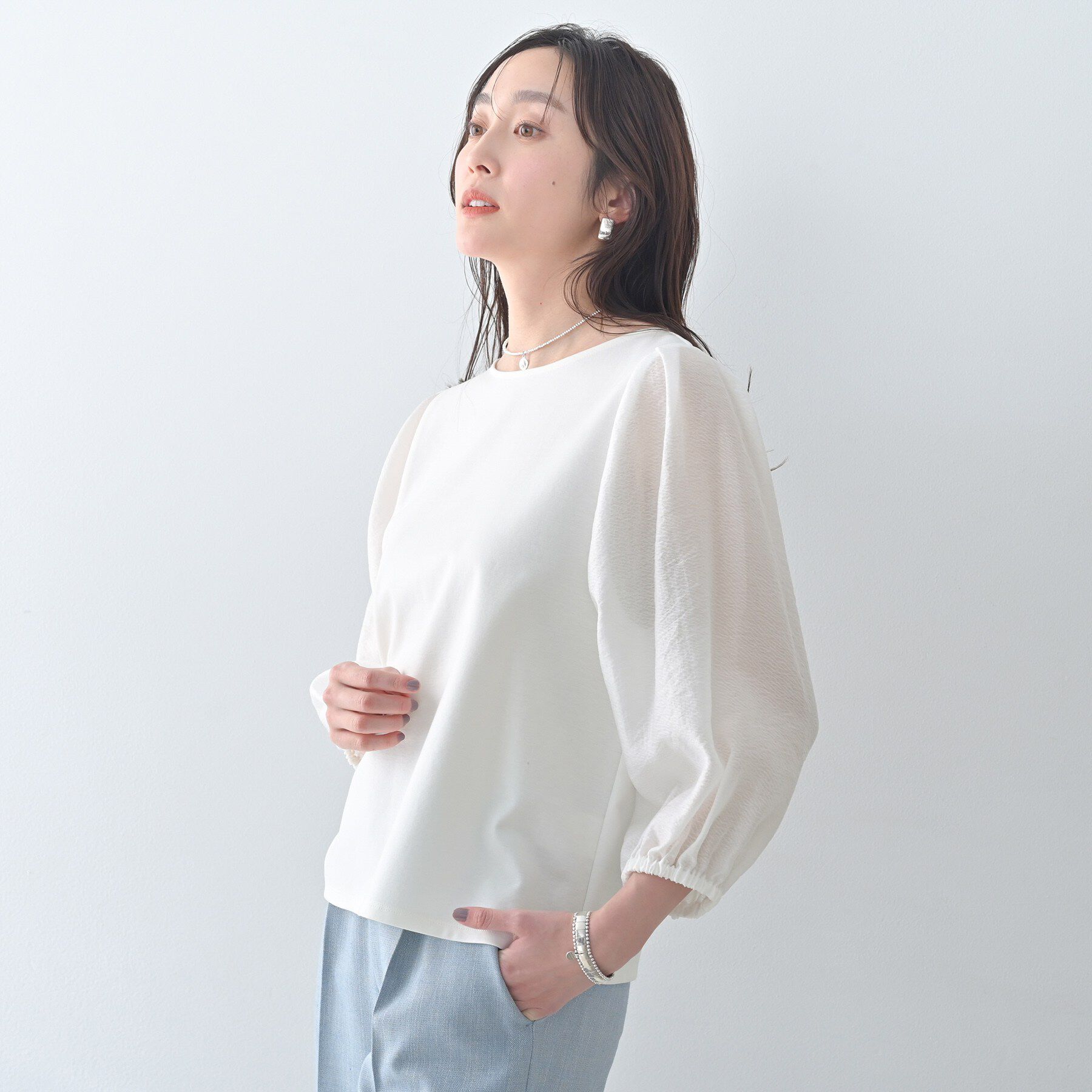 UNTITLED「【洗える/袖シアー】ポンチ袖ボリュームトップス」|Tシャツ・カットソー|