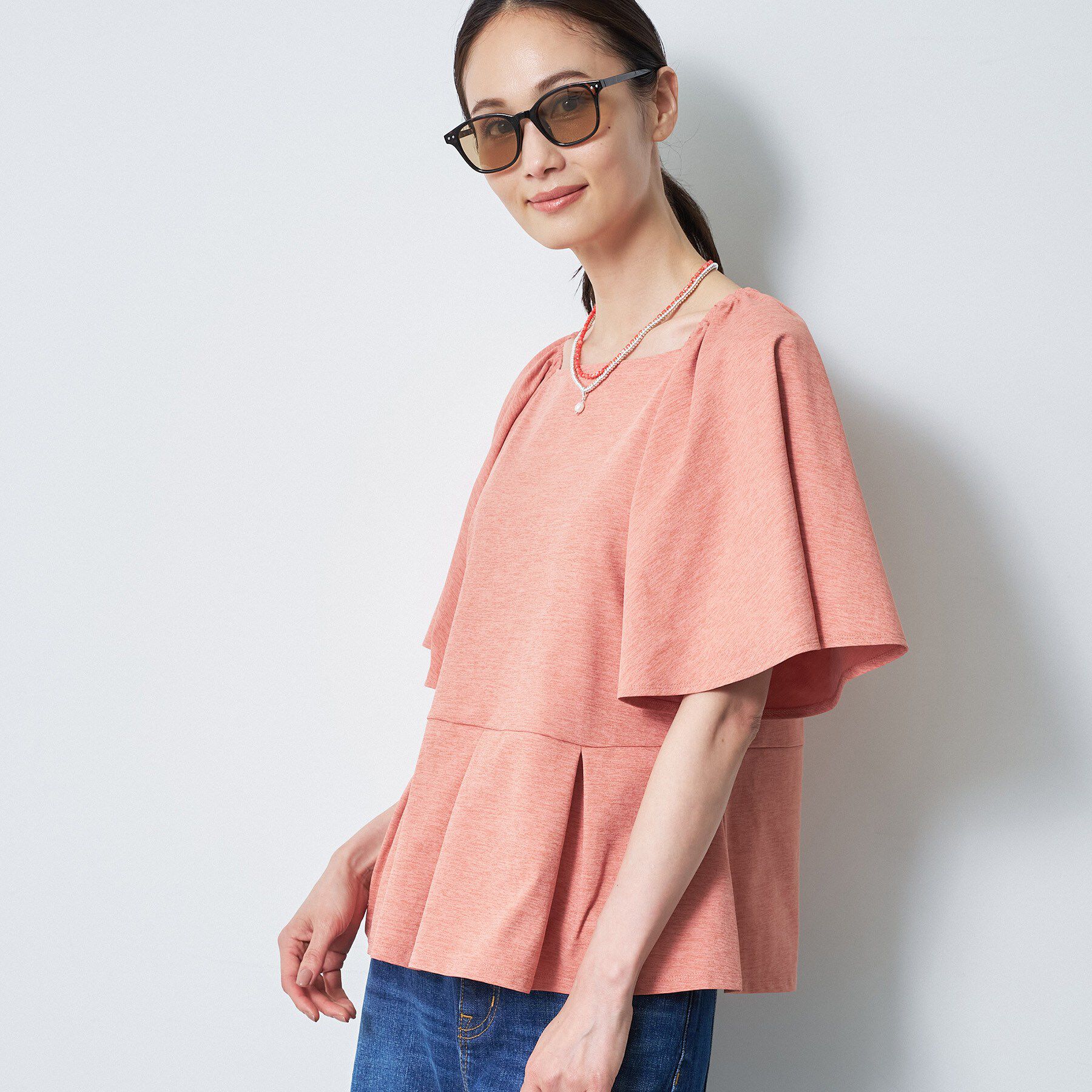 Reflect「【UVカット／接触冷感／吸水速乾】フレアスリーブペプラムカットソー」|Tシャツ・カットソー|ピンク(072)