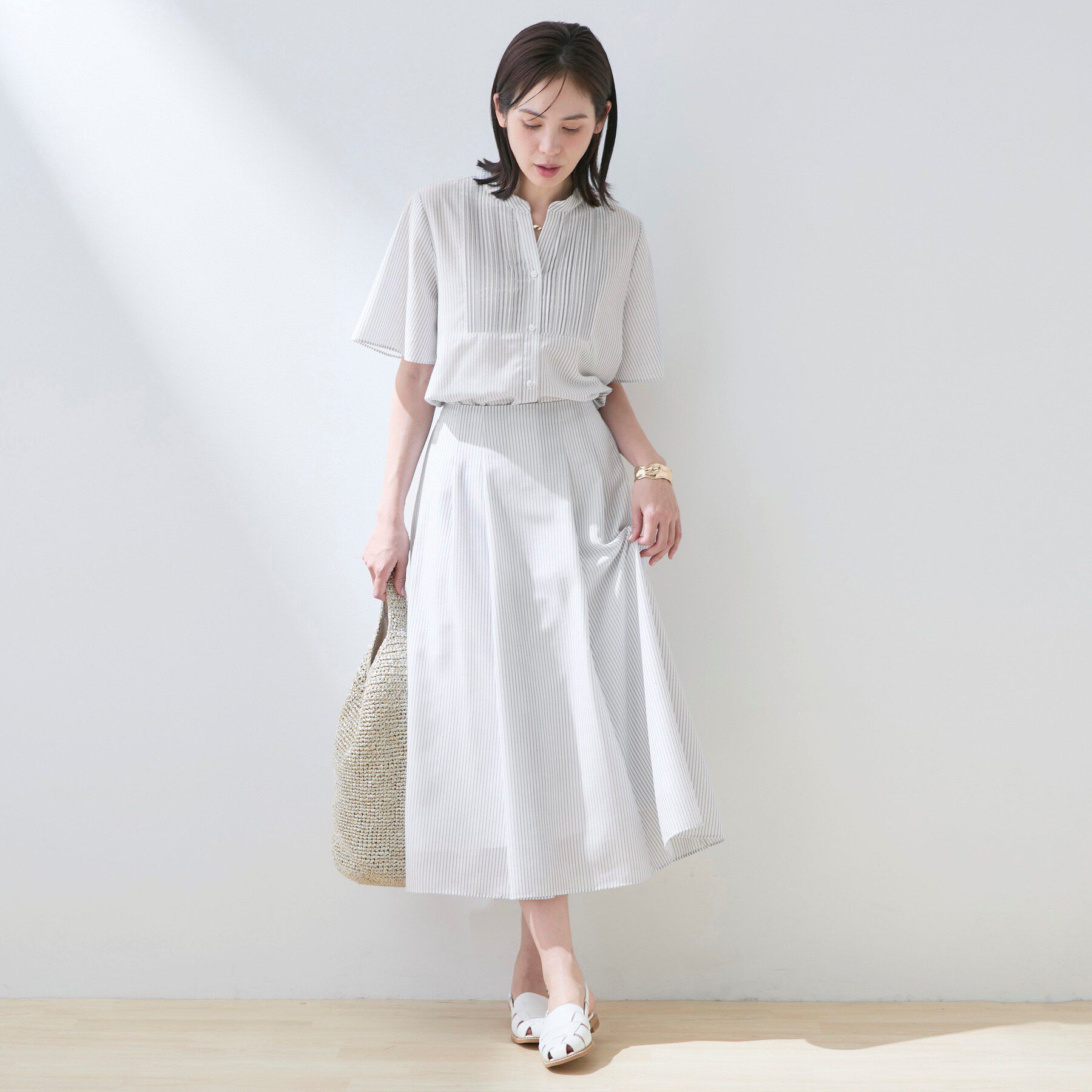 INDIVI「【接触冷感／洗える／SETUP可能】シアーシャンブレータックフレアスカート」|スカート|