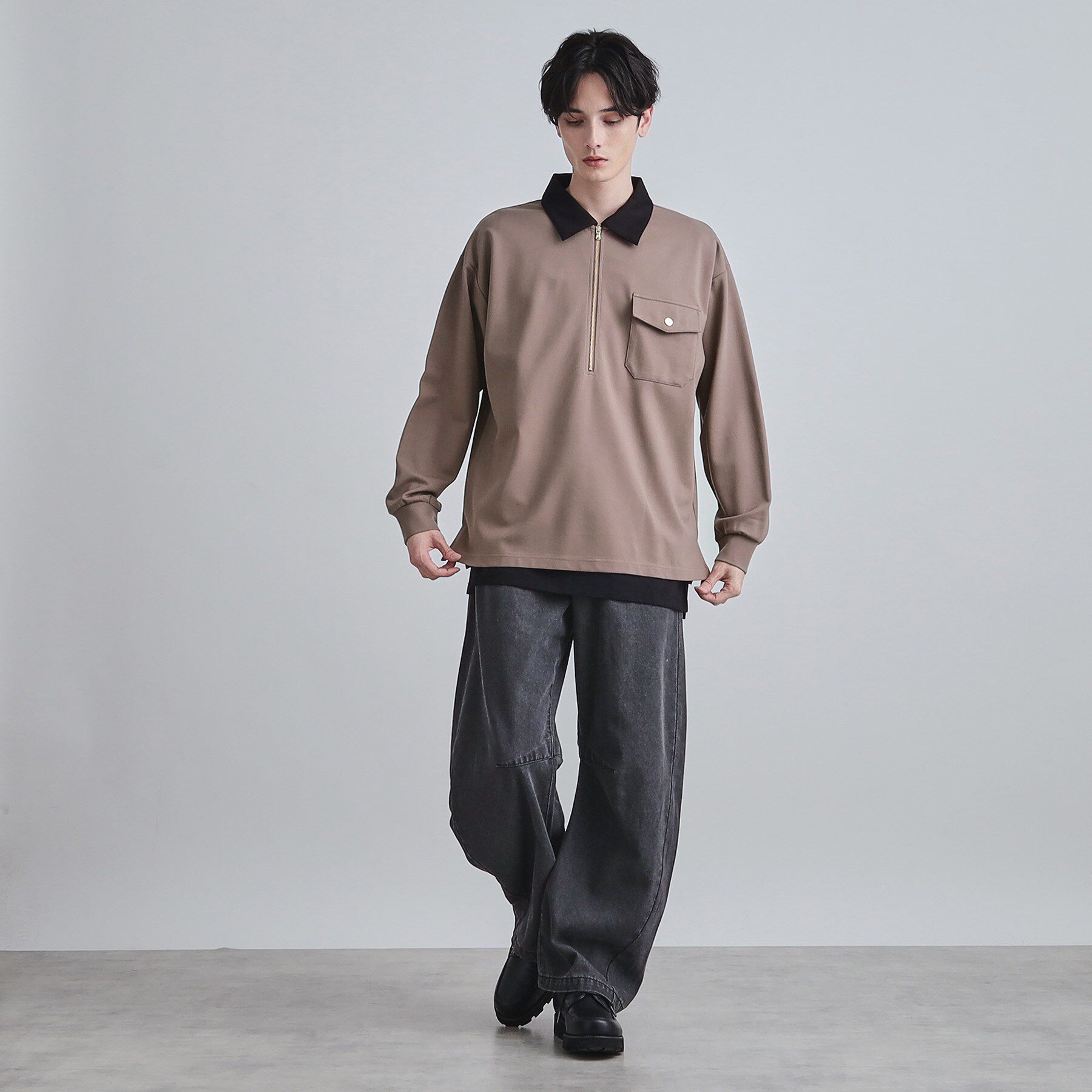 tk.TAKEO KIKUCHI「ハードポンチクレリックハーフジップカットソー/ポケット/襟配色/バイカラー」|Tシャツ・カットソー|