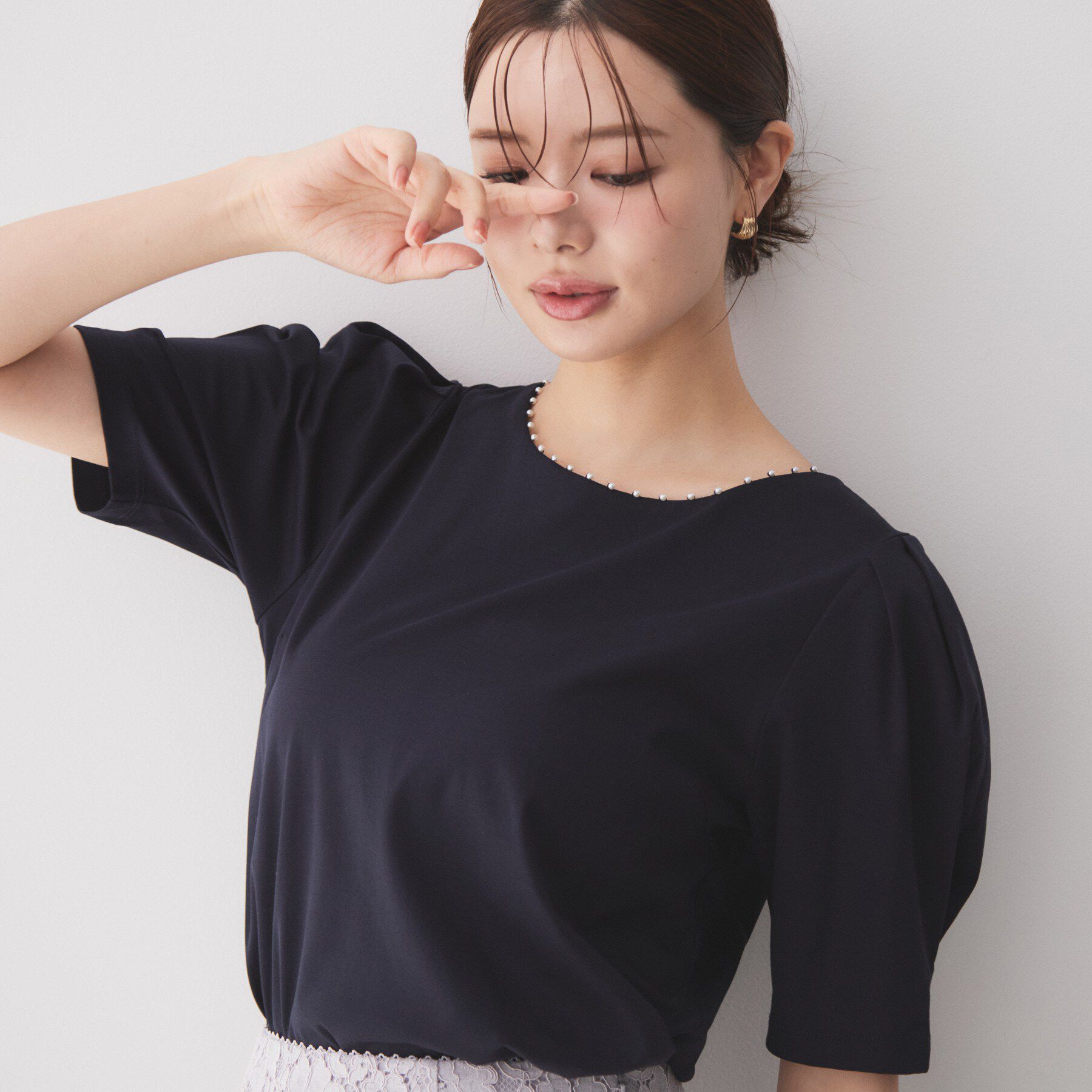 index「【接触冷感／UVケア】パール調ネックタックスリーブトップス《洗濯機OK／6col》」|Tシャツ・カットソー|ネイビー(094)